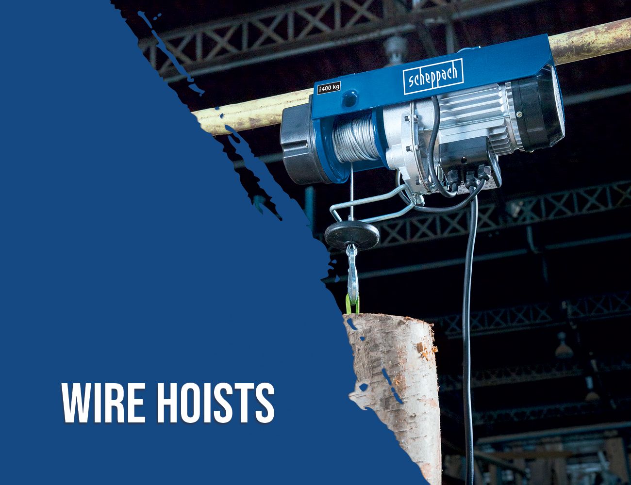 Scheppach wire hoist with 1400 kg capacity, mounted on a metal structure.