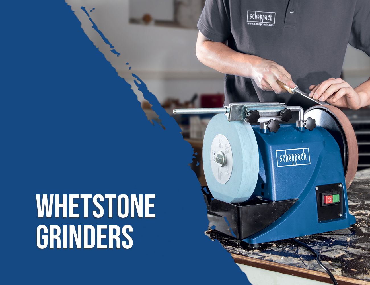 A Scheppach whetstone grinder in use. An employee operates the machine in a workshop.