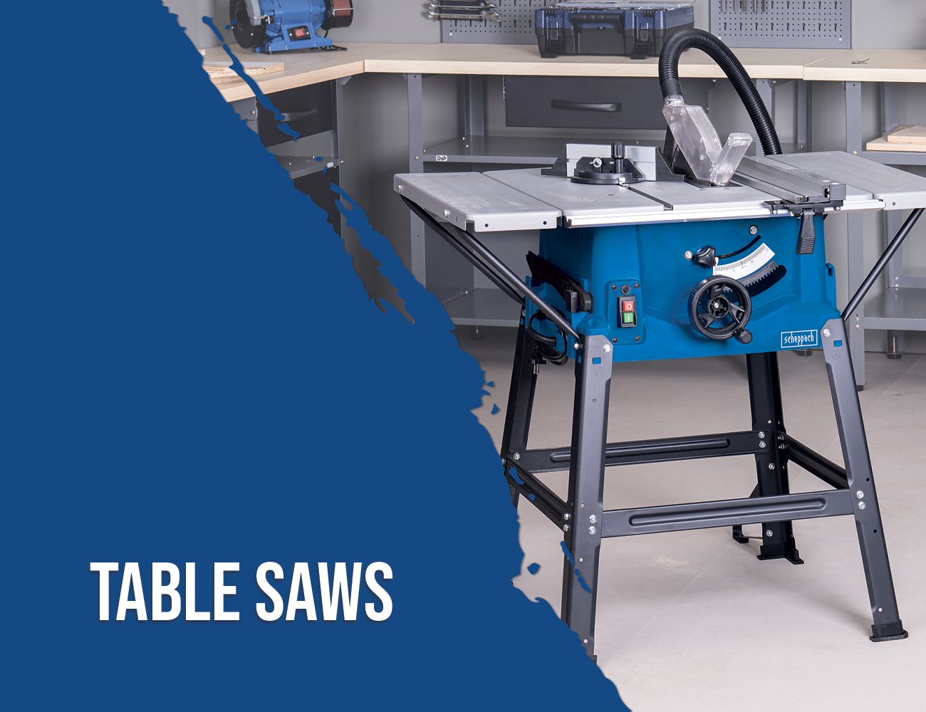 Scheppach table saw with dust extraction and adjustable height. Displayed in the Scheppach online shop.