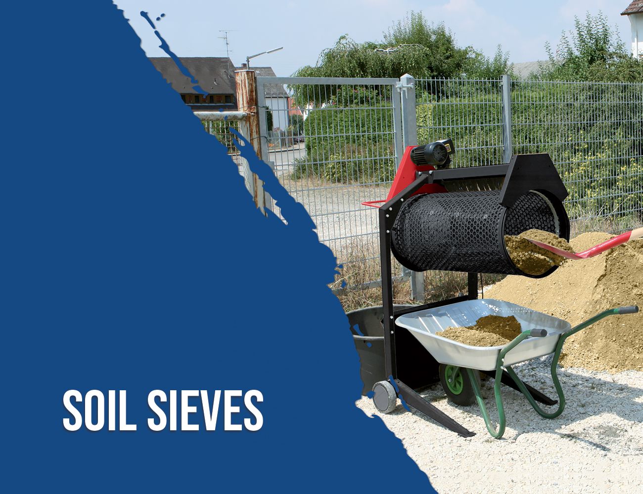 Soil sieves by Scheppach. A machine with a rotating drum and sieve for sifting soil. A wheelbarrow is positioned underneath to collect the sifted soil.