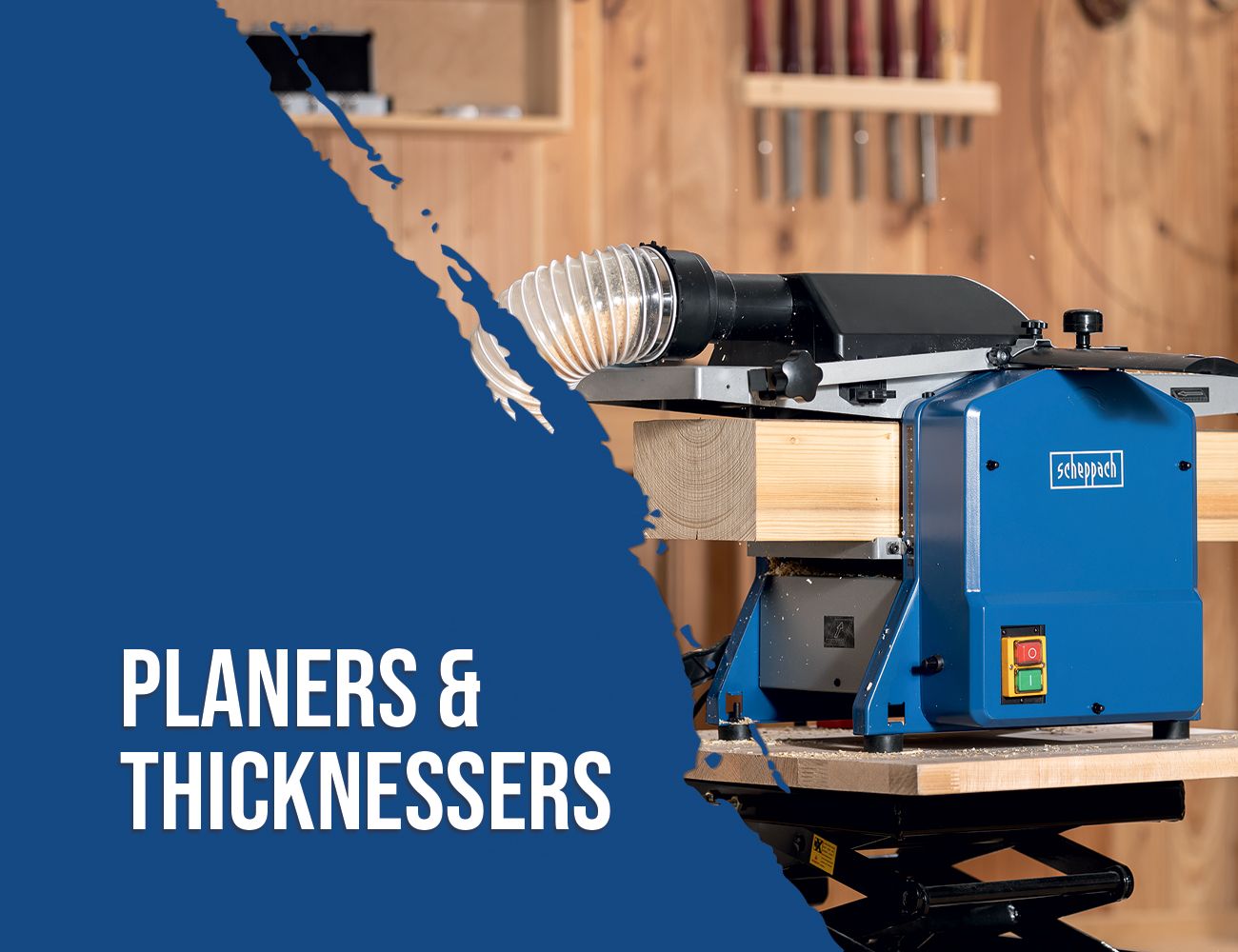Scheppach planer and thicknesser in use with a wooden board. Product category planers and thicknessers.