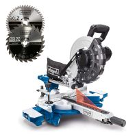 Scheppach HM254X sliding mitre saw. Key features: 210 mm x 30 mm x 2.6 mm, max. 7000 rpm, 48T and 60T blades, 45° bevel, laser guide.