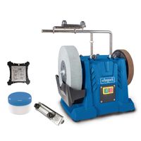 The Scheppach TIGER 7000S Wet Bench Grinder with 150W power, 250mm corundum grinding wheel, 50mm thickness, and 220 grit. Includes key features and accessories.