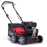 The Scheppach Petrol Scarifier SC55P with 40cm width, 5.4 HP 4 kW 212cc and 40L bag. Shown from the side.