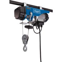 Electric hoist HRS250 by Scheppach with a load capacity of 250kg. Suitable for 220-240V, 50Hz, 530W. Equipped with a cable pulley and safety hook.