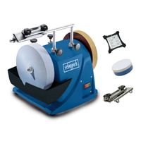 The Scheppach TIGER 2000S wet grinding system features an alumina grinding wheel and 120W power. It provides precise grinding with water as a coolant.