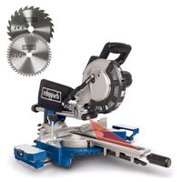Scheppach HM216 mitre saw with 2 saw blades (24 Z and 48 Z) and machine base UMF1550. The saw blades are labeled Scheppach.