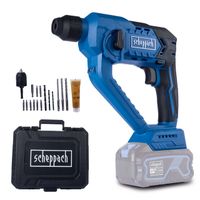 Scheppach cordless hammer drill set with drill bits, cutters, and carrying case featuring 20V battery and tool accessories