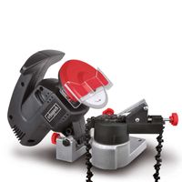 Scheppach KS1200 Chain Sharpener featuring a large grinding wheel (Ø 100mm) with a bore (Ø 10mm), 220W power, compact design, and robust housing. Equipped with an XL spark screen for safe operation.