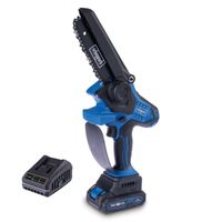 The Scheppach cordless pruning saw BC-PS150X Set S with 2.6 Ah battery and charger. 150 mm cutting length, 400 impacts per minute, 12 mm cutting capacity.