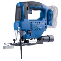 Cordless jigsaw C-JS220-X Scheppach with stroke length 19mm and stroke rate 0-2400 min-1. Seven adjustable cutting angles. Shown from the side.