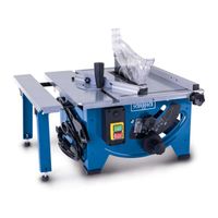 The Scheppach table saw HS80 with 230V, 50Hz, 1200W and 210mm cutting width. It features height and angle adjustment, a protective guard, and a dust extraction port.