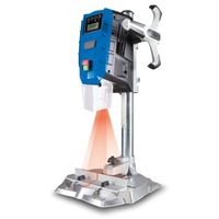 The Scheppach DP55 bench pillar drill features digital speed control and a laser for precise drilling. It has a power of 710W and a 13mm chuck. The machine is shown from the front against a clear background.