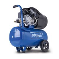 Air Compressor HC52DC Scheppach - 2200W, 8 Bar, 50L tank, 412 l/min intake capacity, double cylinder, pressure regulator. Shown from the side.