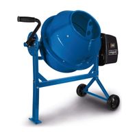 The 65L Cement Mixer MIX65 by Scheppach features a 220W motor and a 55kg capacity. It comes with a sturdy frame and two wheels.