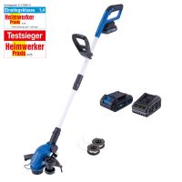 The cordless strimmer C-LT300-X Set S by Scheppach has a cutting width of 300mm, a line length of 3m and a height adjustment of 270mm. It is a test winner at DIY and belongs to the entry class 1.4.