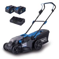 The Scheppach BC-MP430-X cordless lawnmower with 43 cm cutting width, 50L grass bag, including 2x 4Ah battery and 4.5A dual charger. Suitable for up to 700 m² lawn area.