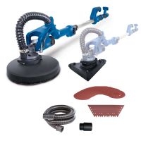 Wall & Ceiling Sander DS930 by Scheppach with 710W power and variable speed. Includes round and triangular head, LED light, 24-piece sanding set, and 4m hose.