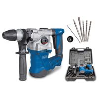 The Scheppach DH1300 Plus hammer drill with anti-vibration control, including case, drill, and chisel set. The set contains various drills and chisels. The hammer drill has a power of 1250W and an impact force of 5J.