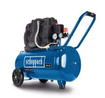 Scheppach HC51Si Super Silent Air Compressor, 50L, 1500W, 8 Bar, 300 L/min, 60 dB, Oil-Free, 2 Gauges, 2 Quick Couplings, front view.