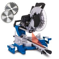 Sliding cross-cut mitre saw HM140L with 2 saw blades, 2000W power, 330mm cutting width, 105mm cutting height. Shown from the side with highlighted sliding mechanism.