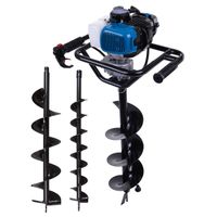 Earth Auger EB2000 with 1.9HP, 800mm depth, 0 to 370 min-1, including 100mm, 150mm and 200mm drills. The earth auger is shown from the front.