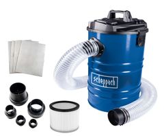 DC100 dust collector by Scheppach with accessories: filter, hose, and adapters. Front view.