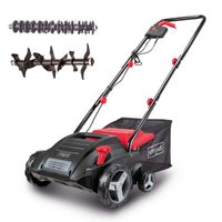 Electric scarifier with 32 cm working width, featuring a 30-litre collection bin and cutting/lifting roller