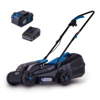 The battery-powered lawnmower BC-MP320-X from Scheppach has a cutting width of 32 cm and is ideal for areas up to 300 m². It features a 30-litre grass catcher and comes with a 4Ah battery as well as a 2,4A charger.