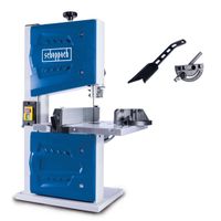 Scheppach Bandsaw HBS25 with adjustable tilting table and mitre gauge. Includes accessories such as saw blade and mitre gauge.