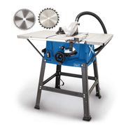 Scheppach HS100S table saw with 85mm cutting height and 2000W power. Includes extensions and stand. Shown from the front with two saw blades and dust extraction.