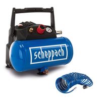 The Scheppach Air Compressor HC06 features a 1200W motor, 200 L/min air delivery, and 8 bar pressure. Includes a 5m hose. Oil-free operation for low-maintenance use.