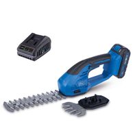 Cordless Grass & Shrub Shears C-HTGS200-X Scheppach. Cutting width 90mm, cutting length 200mm, 2-in-1, incl. battery & charger. Shown from the side with two interchangeable blades.