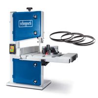 Bandsaw HBS30 by Scheppach with 350W power and 230V voltage. Throat height 80 mm, throat width 200 mm. Includes 3 saw bands. Shown from the side with view on the saw bands.