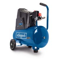 The Scheppach HC30ox air compressor with a 24L tank, 8 Bar pressure, 200L/min airflow and 1.5 HP power. Oil-free and low-maintenance.