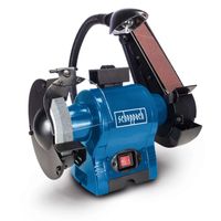 The BGS700 combination grinder by Scheppach with 370W power, 686mm belt length and 50mm width, featuring a 150mm grinding wheel. Equipped with a belt sander and a disc sander station.