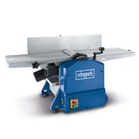 The planer / thicknesser HMS1070 by Scheppach with 1500W power, 254mm planing width and 120mm planing height. Shown from the side with view on the planing width and the controls.