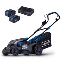 The Scheppach BC-MP380-X cordless lawnmower with 38 cm cutting width, 45L grass bag and 40V battery. Includes: 2x battery, charger and shoulder strap.