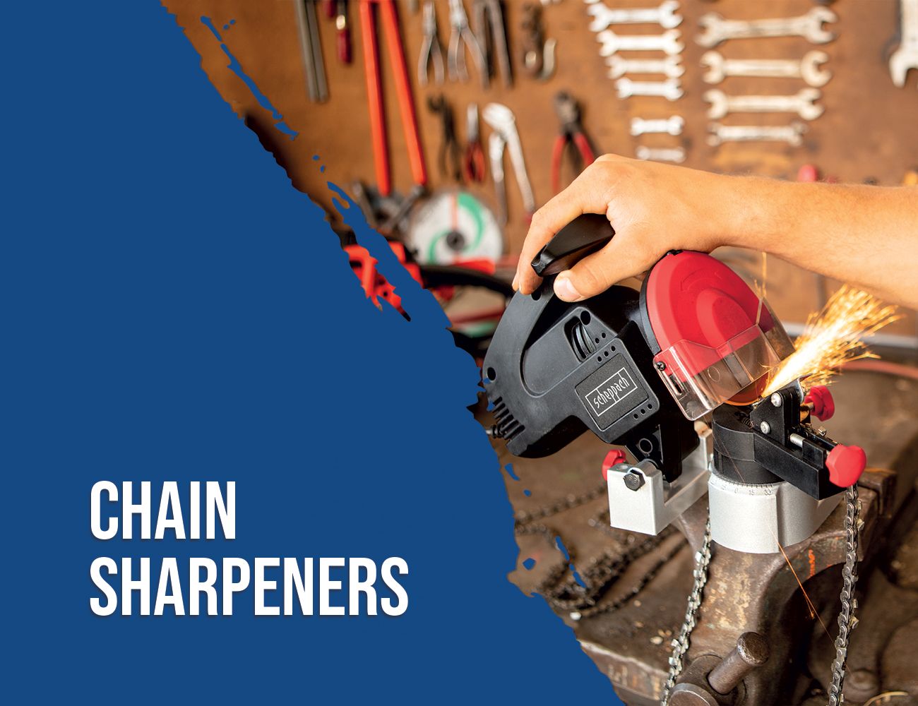 A Scheppach chain sharpener in use. A tool is being sharpened on a chain, sparks are flying. Various tools are visible in the background.