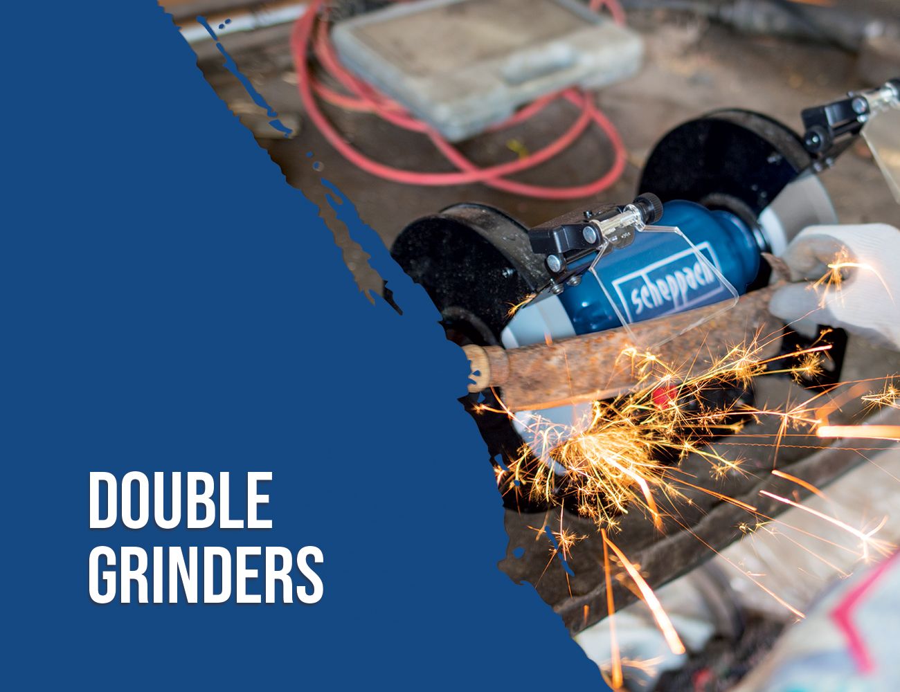A Scheppach double angle grinder in use, sparks flying during grinding, tool held by a worker.