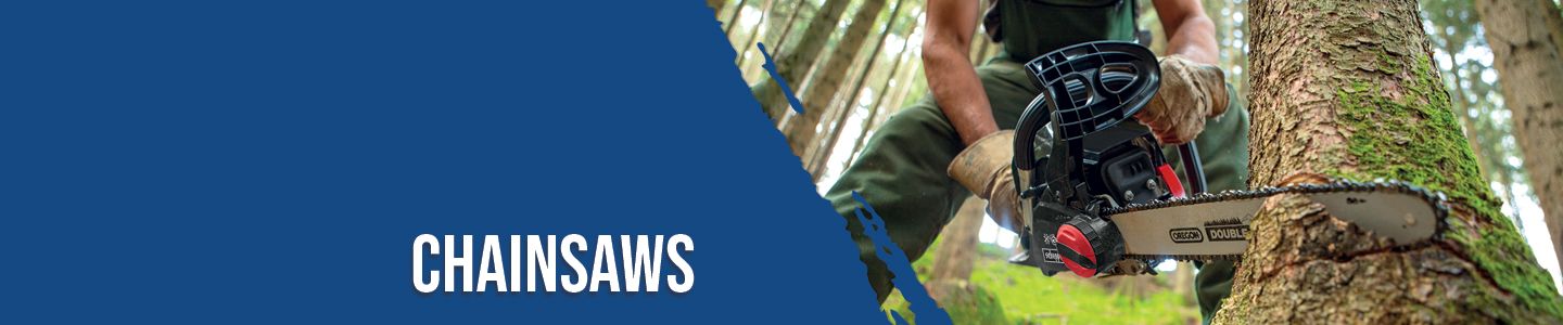 A worker cutting a tree trunk with a Scheppach chainsaw. The saw has a black handle and a red button.