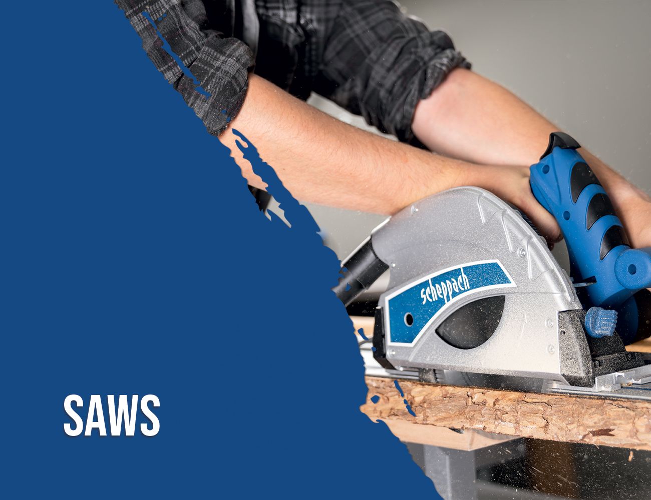 A worker is using a Scheppach circular saw to cut wood. The saw is firmly gripped with both hands.