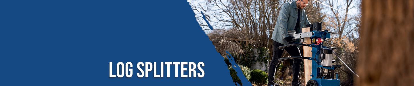 A man operates a Scheppach log splitter outdoors. The machine is mounted on a wheeled frame and has a log ready for splitting.