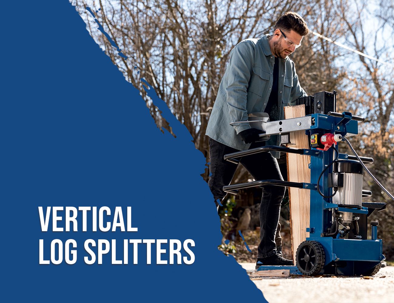 A man operates a vertical log splitter machine by Scheppach outdoors. The machine is sturdy and has a large log on it.
