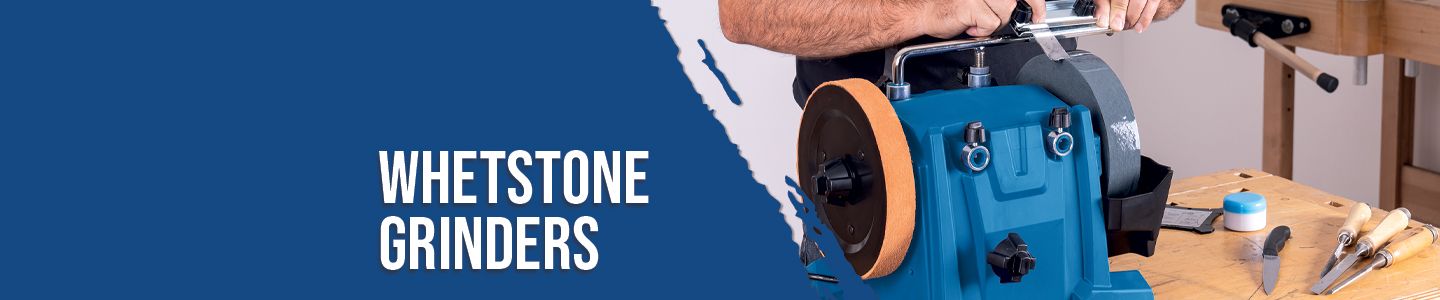 A man operates a Scheppach whetstone grinder. Tools and a workbench are visible in the background.