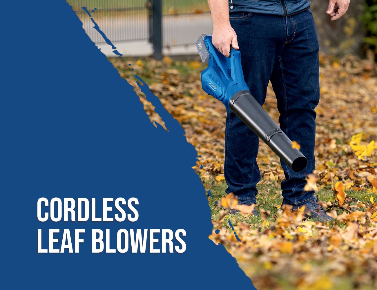 A man holds a cordless leaf blower by Scheppach in his hand. The ground is covered with leaves. Category: Cordless leaf blowers.