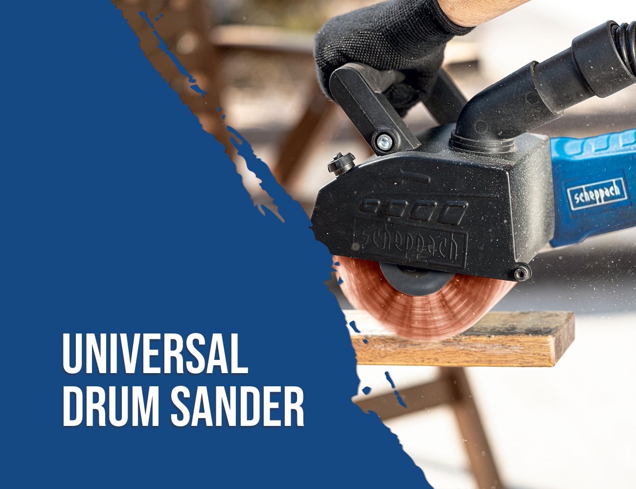 Scheppach Universal Drum Sander in use, hand-guided, working on wood.