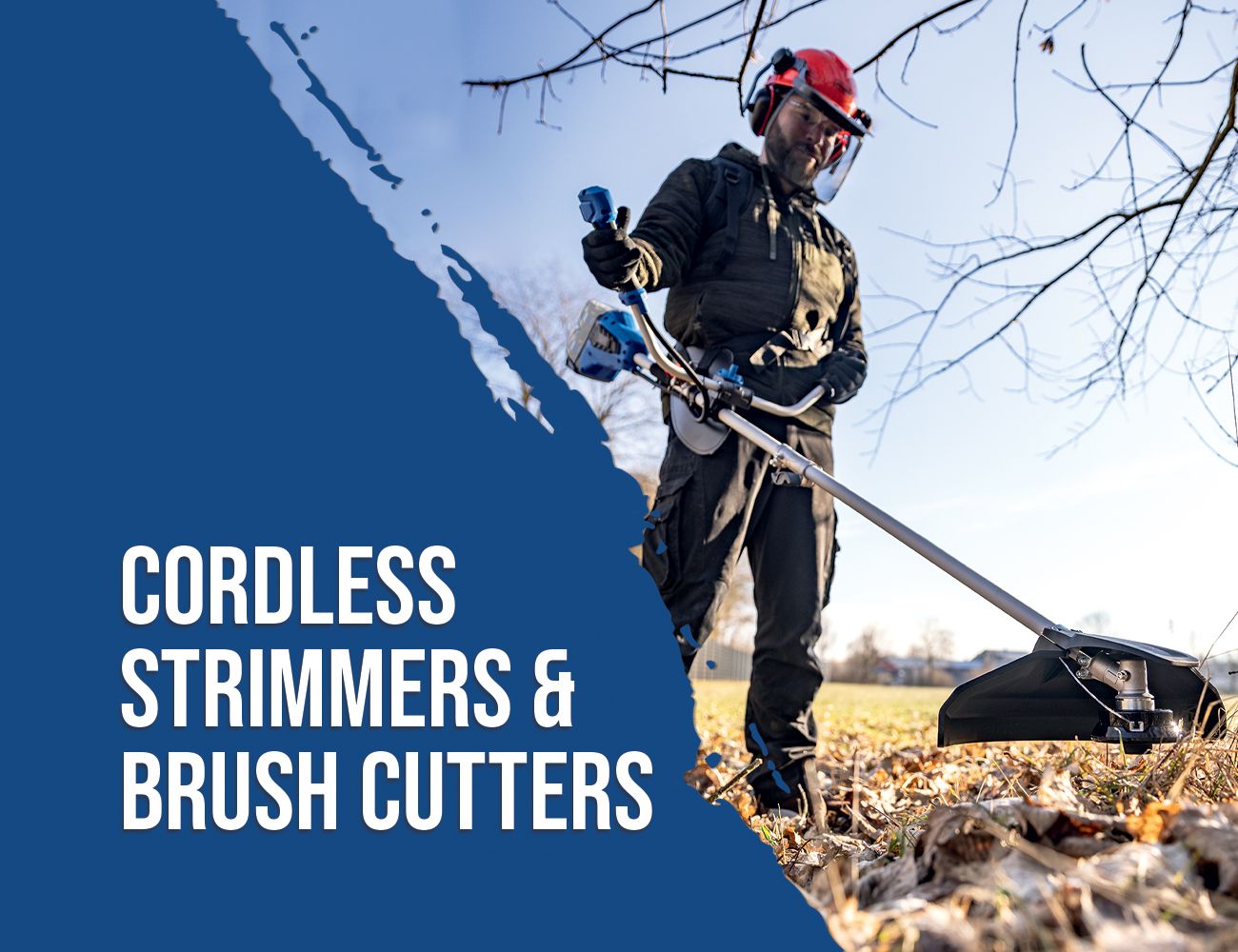 A worker using a cordless trimmer and a cordless brush cutter from Scheppach. The tools are designed for garden maintenance.