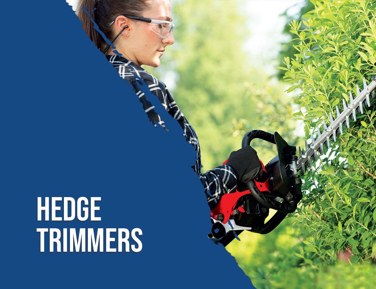 A person trimming a hedge with a hedge trimmer. Product category: Hedge trimmers.