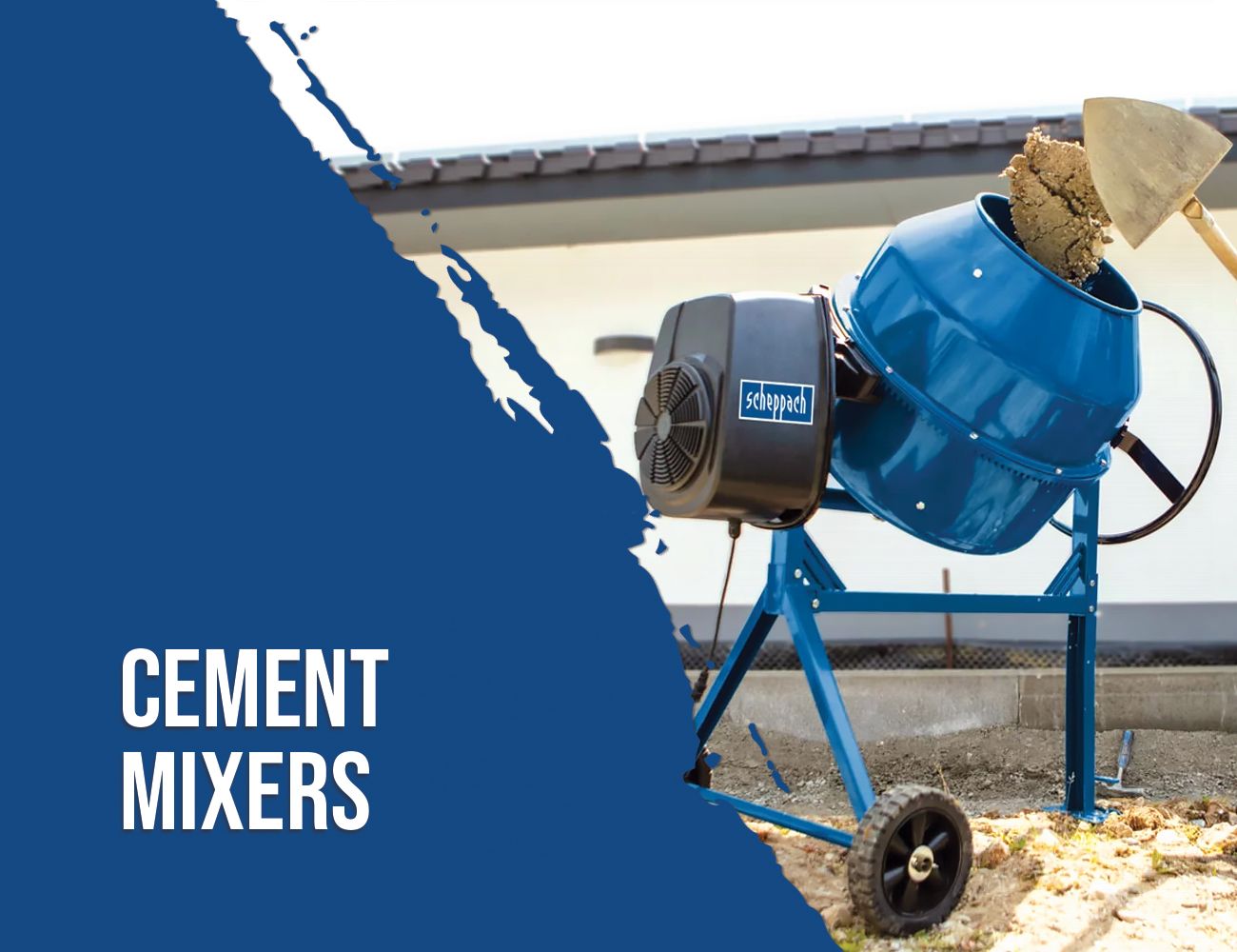 Scheppach cement mixer, blue-white device with black motor and black wheel. Suitable for construction sites and building projects.